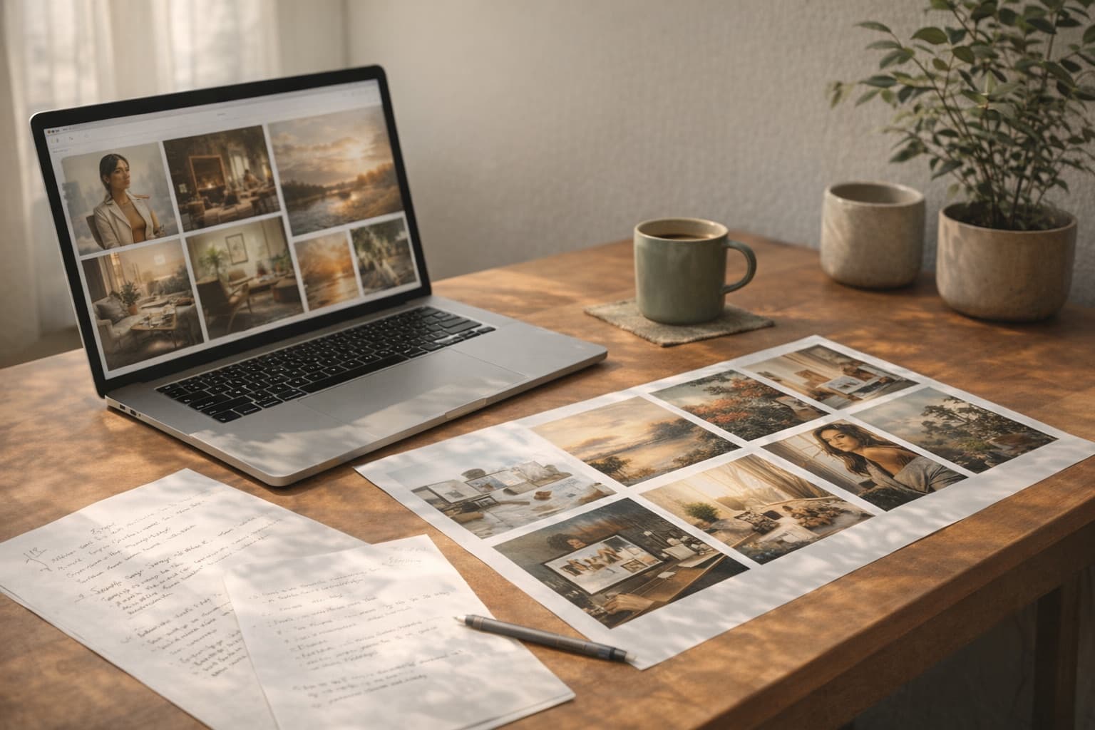 Creator desk with laptop, notes, and an AI image moodboard